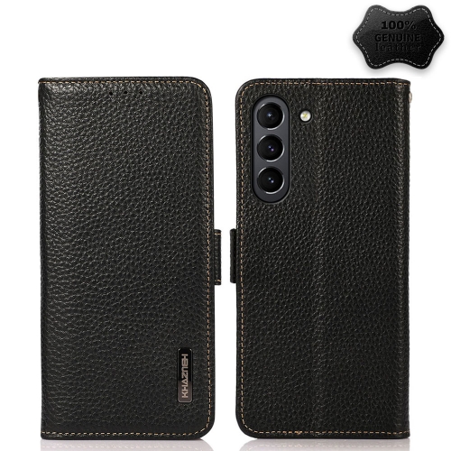 

For Samsung Galaxy S21 FE 5G KHAZNEH Side-Magnetic Litchi Genuine Leather RFID Phone Case(Black)