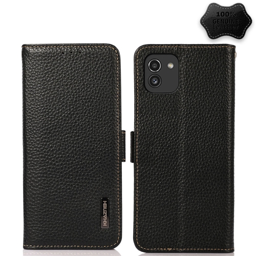 

For Samsung Galaxy A03 166mm Version KHAZNEH Side-Magnetic Litchi Genuine Leather RFID Phone Case(Black)