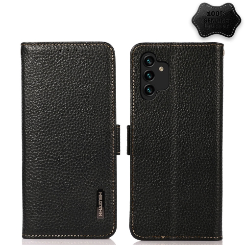 

For Samsung Galaxy A13 4G KHAZNEH Side-Magnetic Litchi Genuine Leather RFID Phone Case(Black)