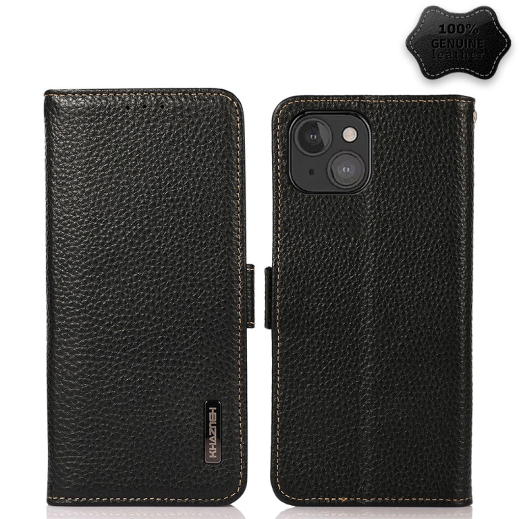 

KHAZNEH Side-Magnetic Litchi Genuine Leather RFID Case For iPhone 13 mini(Black)