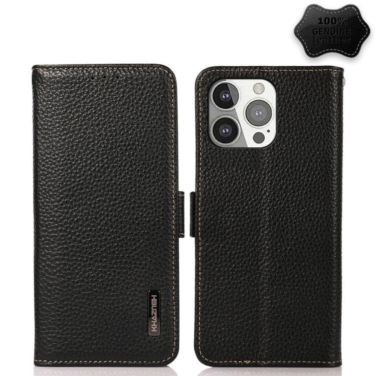 

KHAZNEH Side-Magnetic Litchi Genuine Leather RFID Case For iPhone 13 Pro(Black)