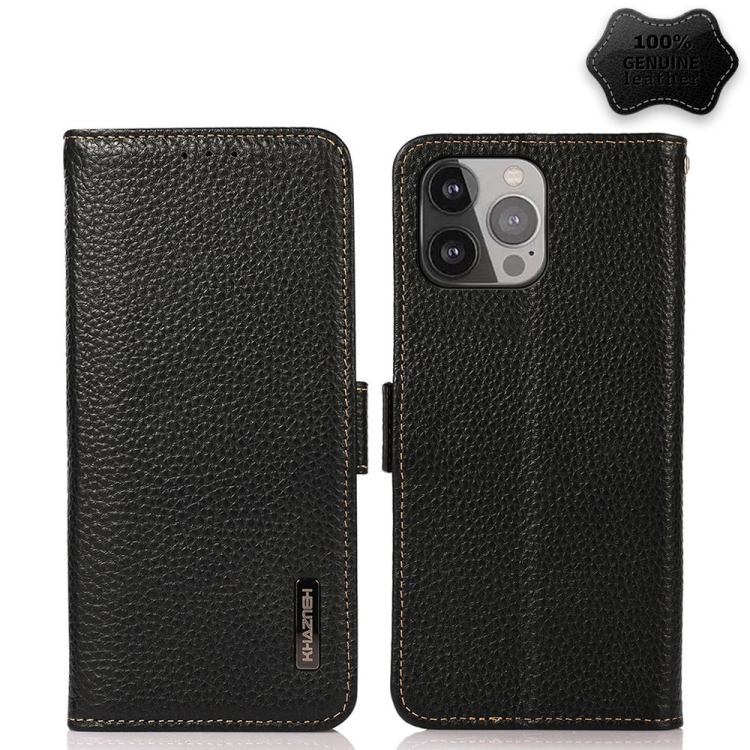 

KHAZNEH Side-Magnetic Litchi Genuine Leather RFID Case For iPhone 13 Pro Max(Black)