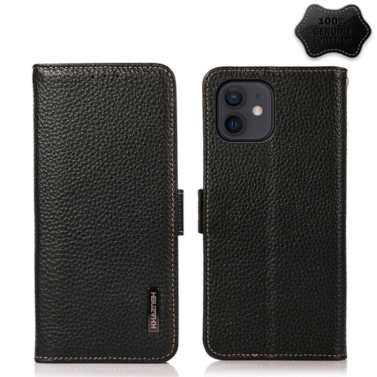 

KHAZNEH Side-Magnetic Litchi Genuine Leather RFID Case For iPhone 12 mini(Black)