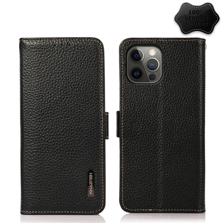 

KHAZNEH Side-Magnetic Litchi Genuine Leather RFID Case For iPhone 12 Pro Max(Black)