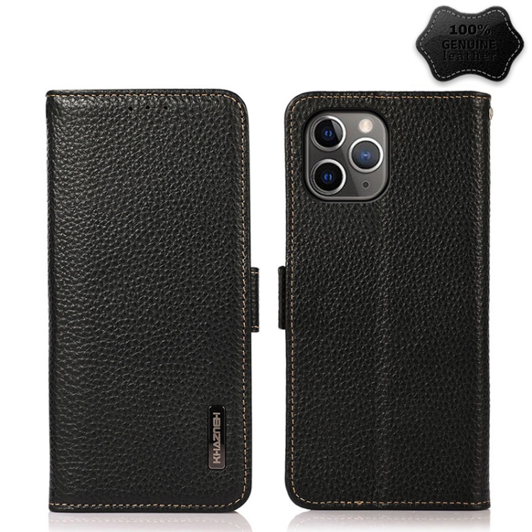 

KHAZNEH Side-Magnetic Litchi Genuine Leather RFID Case For iPhone 11 Pro(Black)