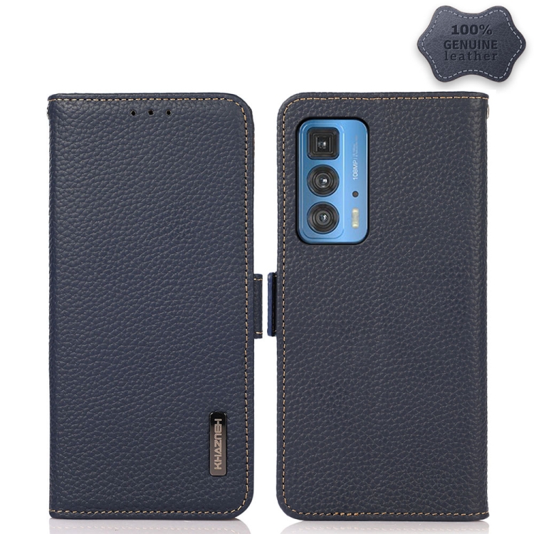 

For Motorola Edge 20 Pro KHAZNEH Side-Magnetic Litchi Genuine Leather RFID Case(Blue)