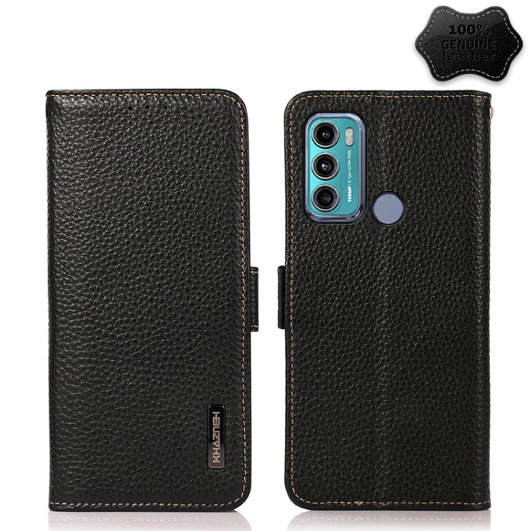 

For Motorola Moto G60 / G40 Fusion KHAZNEH Side-Magnetic Litchi Genuine Leather RFID Case(Black)