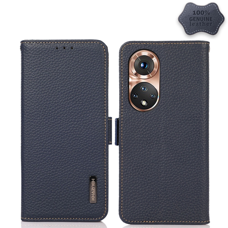 

For Honor 50 KHAZNEH Side-Magnetic Litchi Genuine Leather RFID Phone Case(Blue)