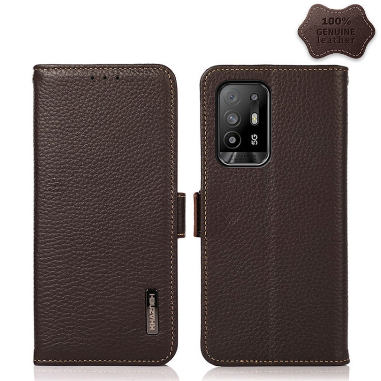 

For OPPO F19 Pro KHAZNEH Side-Magnetic Litchi Genuine Leather RFID Case(Brown)