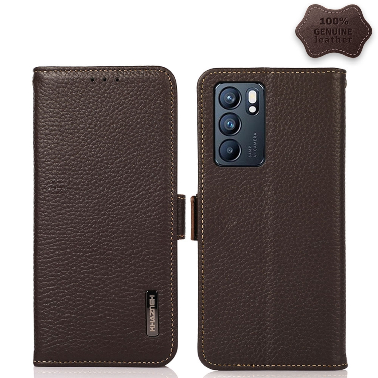 

For OPPO Reno6 5G KHAZNEH Side-Magnetic Litchi Genuine Leather RFID Case(Brown)