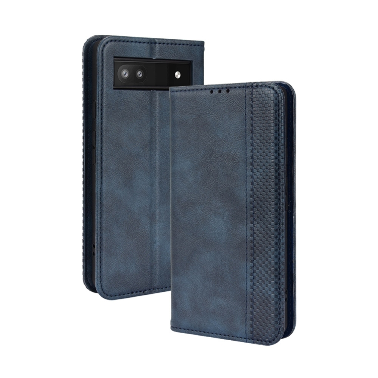 

For Google Pixel 6a Magnetic Buckle Retro Texture Leather Case(Blue)