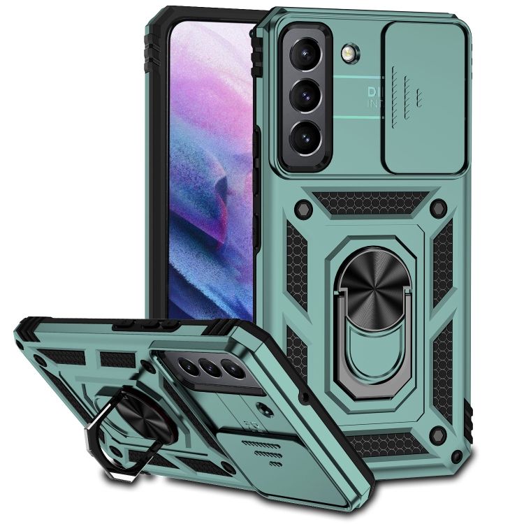 

For Samsung Galaxy S22+ 5G Sliding Camshield Holder Phone Case(Dark Green)