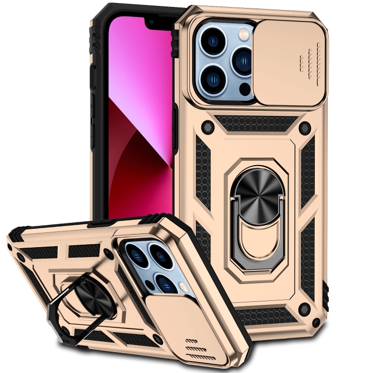 

For iPhone 13 Pro Max Sliding Camshield Holder Phone Case (Gold)