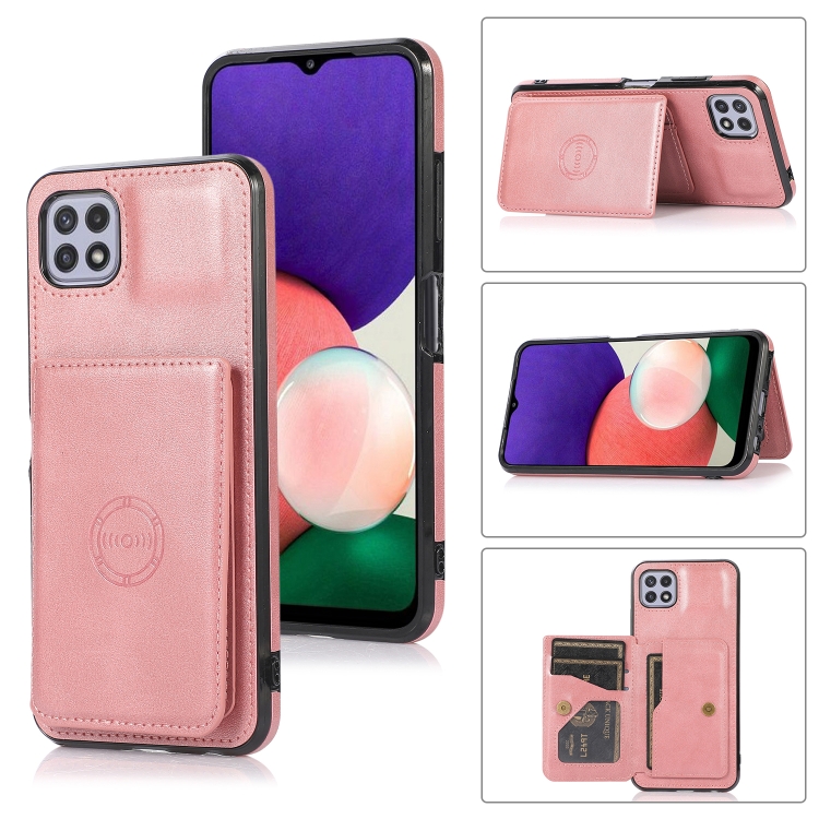 

For Samsung Galaxy A22 5G Calf Texture Magnetic Card Bag PU Phone Case(Rose Gold)
