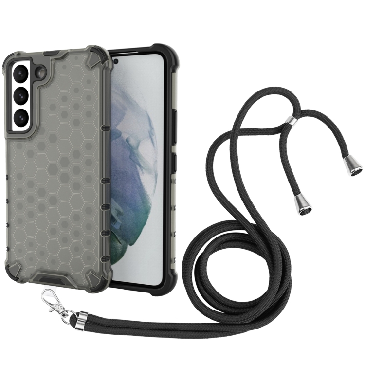 

For Samsung Galaxy S22 5G Lanyard Honeycomb PC + TPU Case(Black)