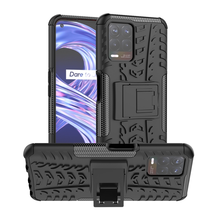 

For OPPO Realme 8i Tire Texture TPU + PC Phone Case with Holder(Black)