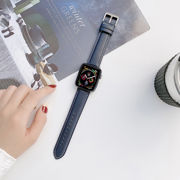 

Genuine Leather Watch Band For Apple Watch Series 7 45mm / 6&SE&5&4 44mm / 3&2&1 42mm(Blue)