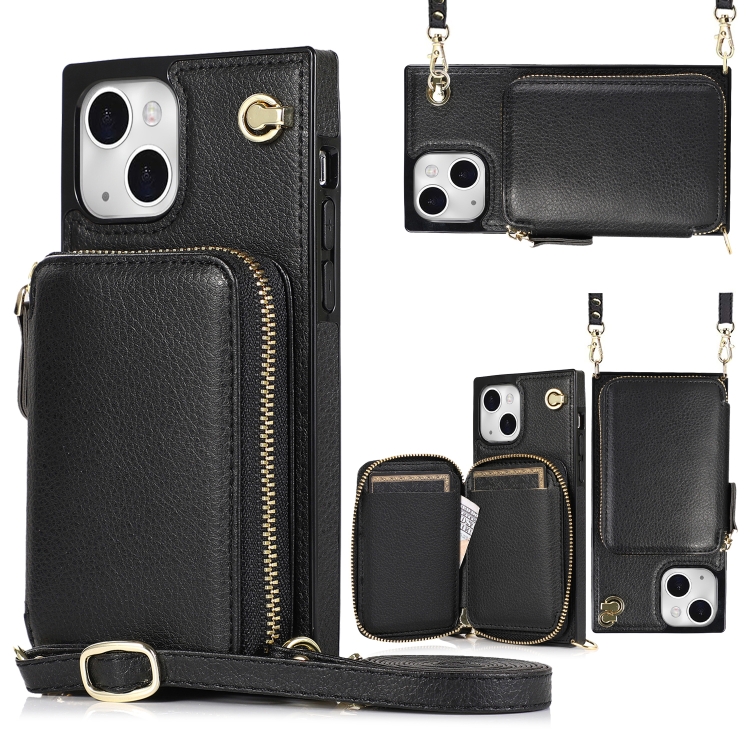 

Cross-body Zipper Big Wallet Bag Square TPU + PU Back Phone Case with Holder For iPhone 13(Black)