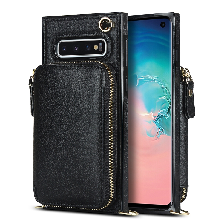 

For Samsung Galaxy S10 Cross-body Zipper Big Wallet Bag Square Phone Case(Black)
