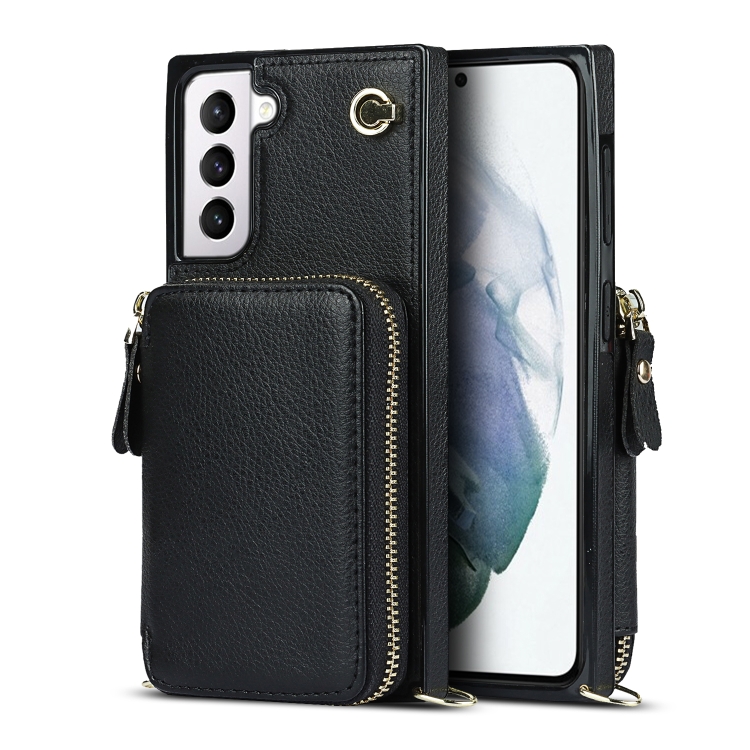 

For Samsung Galaxy S21 Cross-body Zipper Big Wallet Bag Square Phone Case(Black)