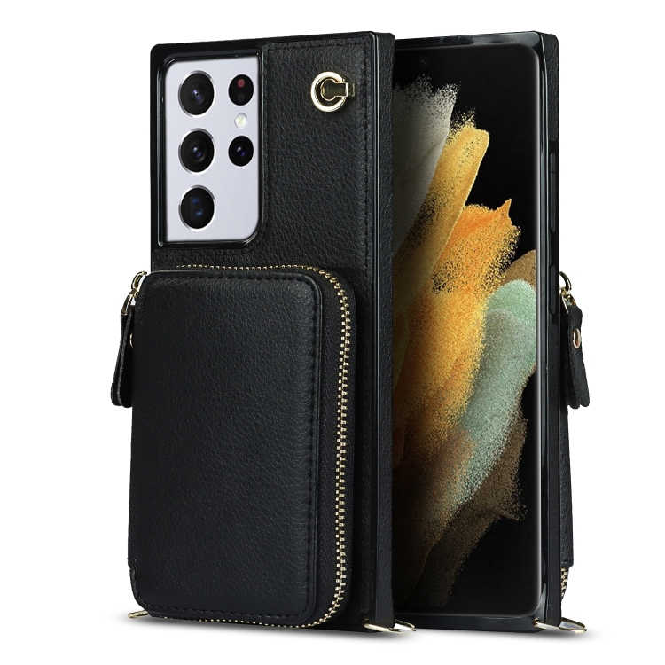 

For Samsung Galaxy S21 Ultra Cross-body Zipper Big Wallet Bag Square Phone Case(Black)