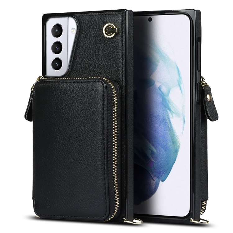 

For Samsung Galaxy S21+ Cross-body Zipper Big Wallet Bag Square Phone Case(Black)