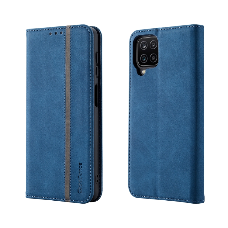 

For Samsung Galaxy A12 Splicing Skin Feel Magnetic Leather Phone Case(Blue)