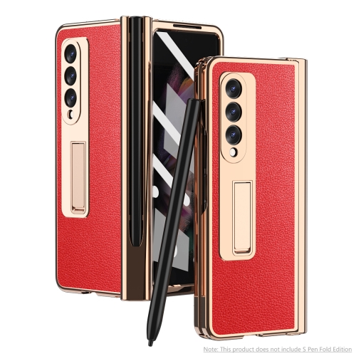 

For Samsung Galaxy Z Fold3 5G Electroplated Hinge Pen Slot Lychee Phone Case(Red)