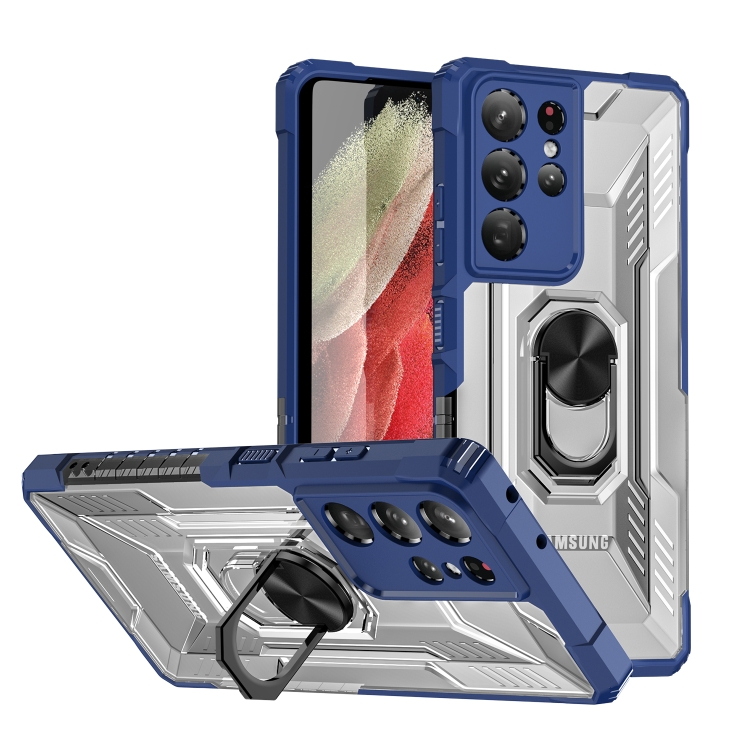 

For Samsung Galaxy S21 Ultra 5G PC + TPU Shockproof Phone Case with Metal Ring Holder(Blue)