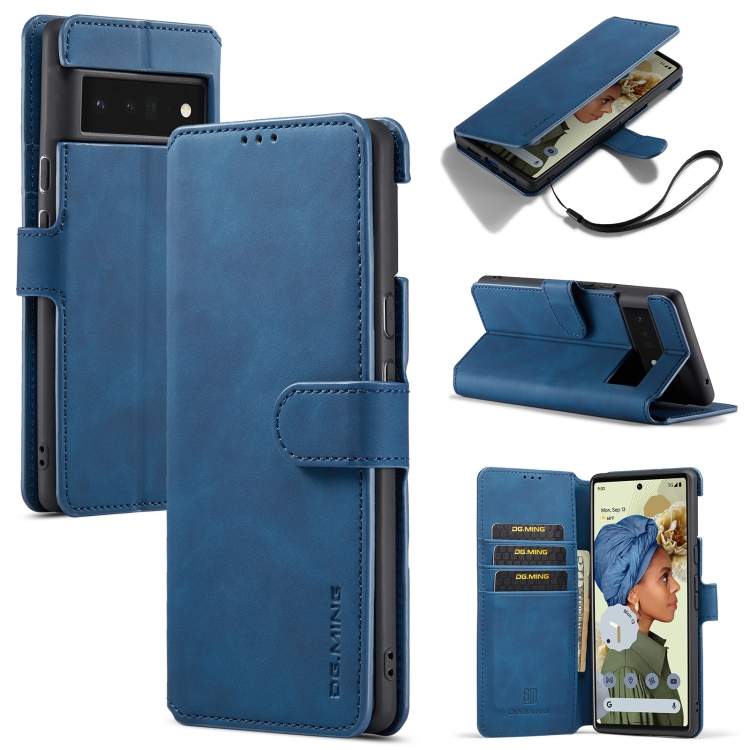 

For Google Pixel 6 Pro DG.MING Retro Oil Side Horizontal Flip Leather Case with Holder & Card Slots & Wallet(Blue)