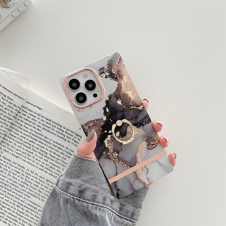

Square Plating Gold Edge Phone Case with Ring Holder For iPhone 11(Twilight Black Gold)