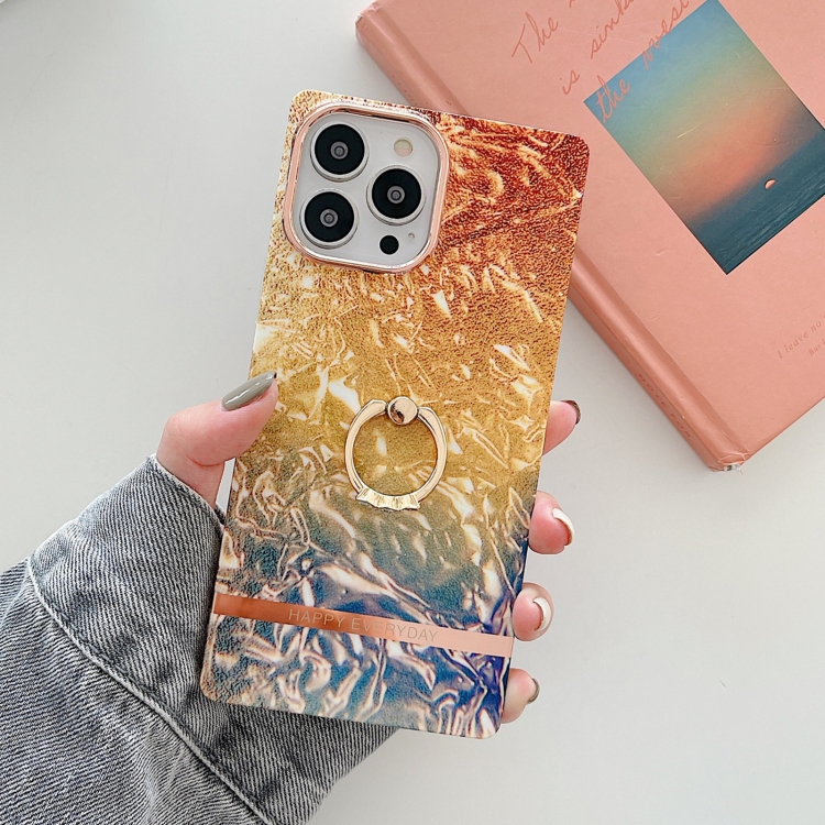 

Ring Holder Square Plating Gold Edge Phone Case For iPhone 11(Apricot Yellow)