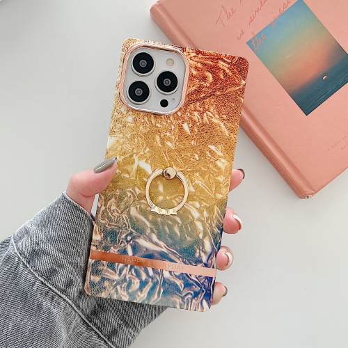 

Ring Holder Square Plating Gold Edge Phone Case For iPhone 11 Pro Max(Apricot Yellow)
