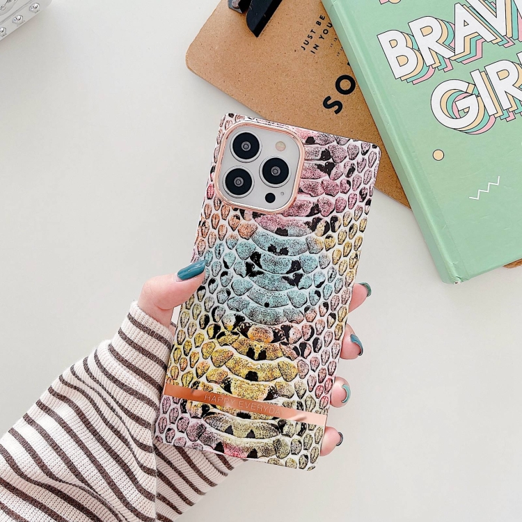 For iPhone 14 Square Plating Gold Edge Phone Case(Multicolor Python)