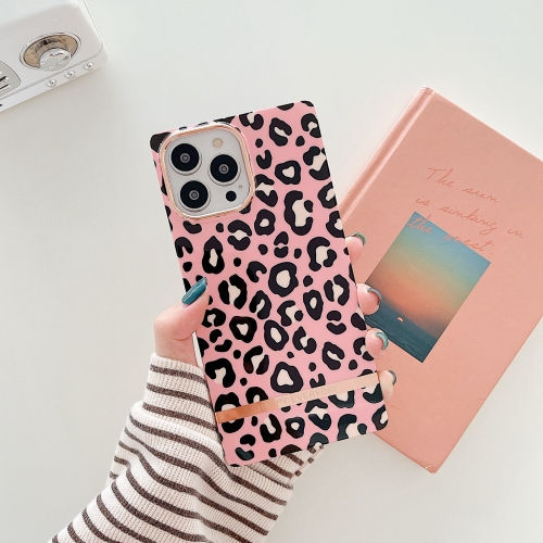 

Square Plating Gold Edge Phone Case For iPhone 12 / 12 Pro(Pink Backgroud Leopard)