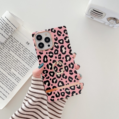 

Ring Holder Square Plating Gold Edge Phone Case For iPhone 13 Pro(Pink Backgroud Leopard)