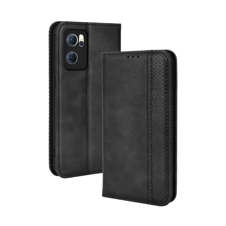 

For OPPO Reno7 5G Magnetic Buckle Retro Texture Leather Phone Case(Black)
