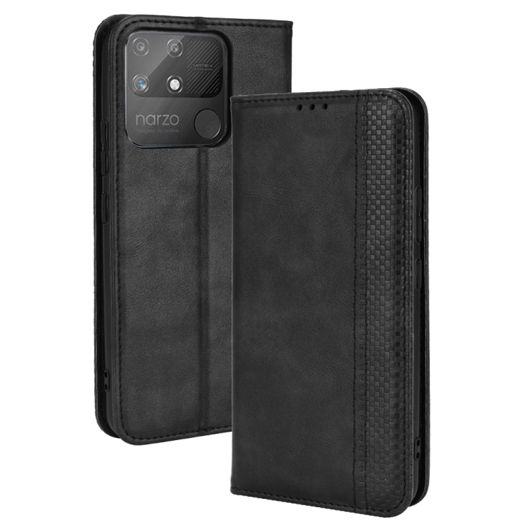 

For OPPO Realme Narzo 50A Magnetic Buckle Retro Texture Leather Phone Case(Black)