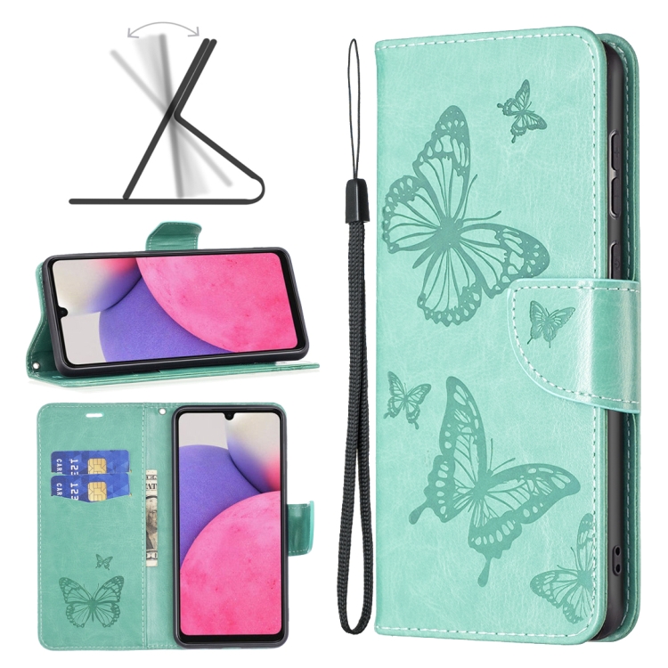 

For Samsung Galaxy A33 5G Two Butterflies Embossing Leather Phone Case(Green)