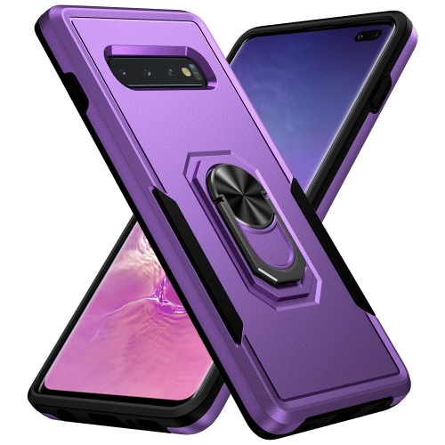 

For Samsung Galaxy S10+ Pioneer Armor Heavy Duty PC + TPU Holder Phone Case(Purple + Black)