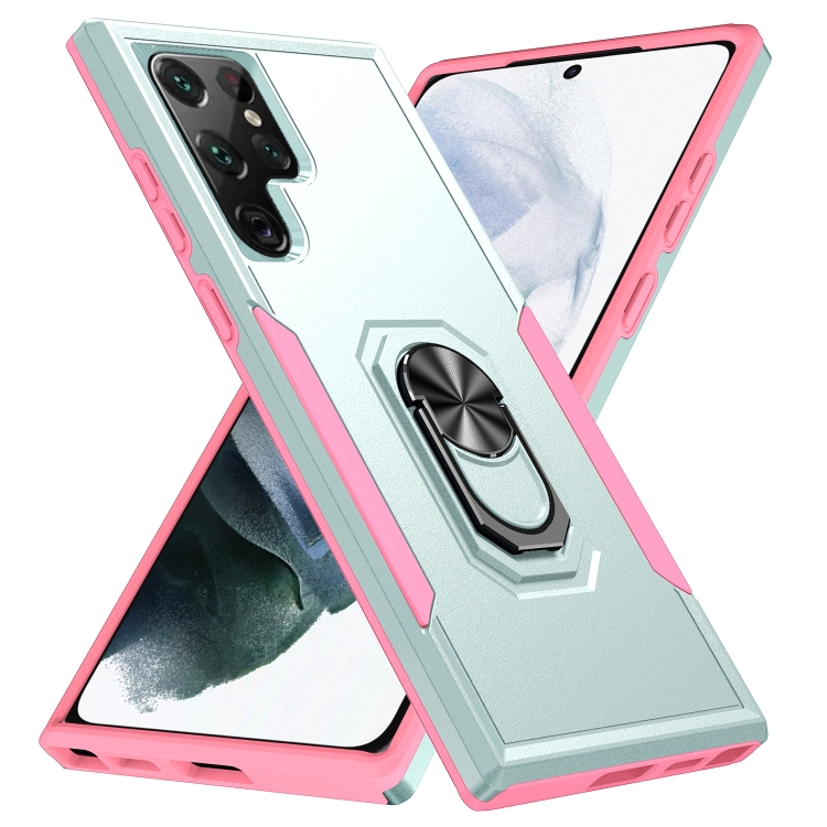 

For Samsung Galaxy S22 Ultra 5G Pioneer Armor Heavy Duty PC + TPU Holder Phone Case(Green + Pink)