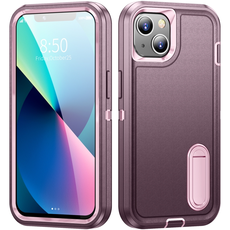 

For iPhone 13 mini 3 in 1 Rugged Holder Phone Case (Purple + Pink)