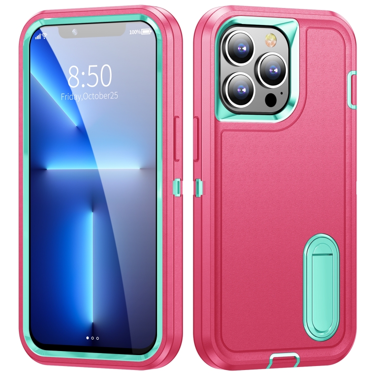 

3 in 1 Rugged Holder Phone Case For iPhone 12 / 12 Pro(Pink + Blue)