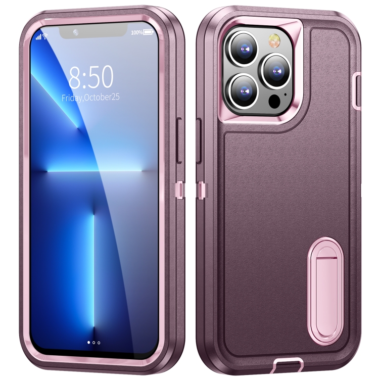 

For iPhone 12 Pro Max 3 in 1 Rugged Holder Phone Case(Purple + Pink)