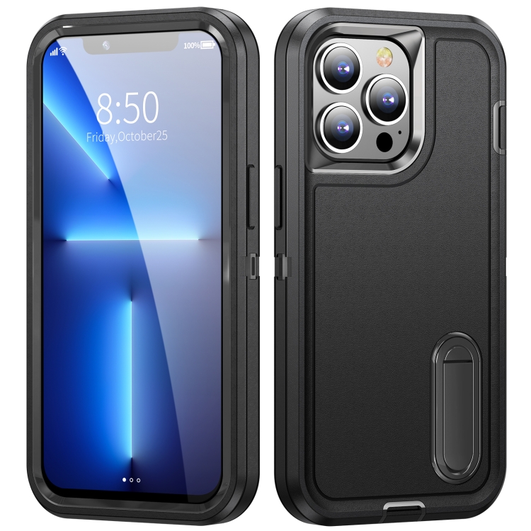 

For iPhone 11 Pro Max 3 in 1 Rugged Holder Phone Case (Black + Black)