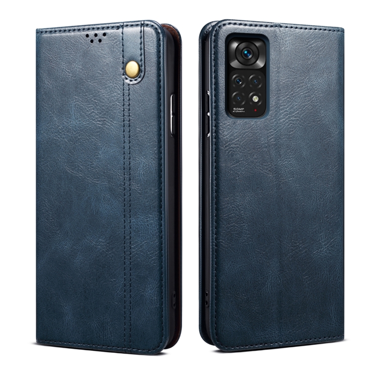 

For Xiaomi Redmi Note 11S / Note 11 Foreign Version Oil Wax Crazy Horse Texture Leather Phone Case(Blue)