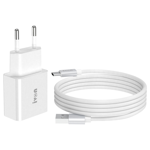 

IVON AD-35 2 in 1 18W QC3.0 USB Port Travel Charger + 1m USB to USB-C / Type-C Data Cable Set, EU Plug(White)