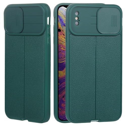 

Litchi Texture Sliding Camshield TPU Protective Phone Case For iPhone XS Max(Dark Green)