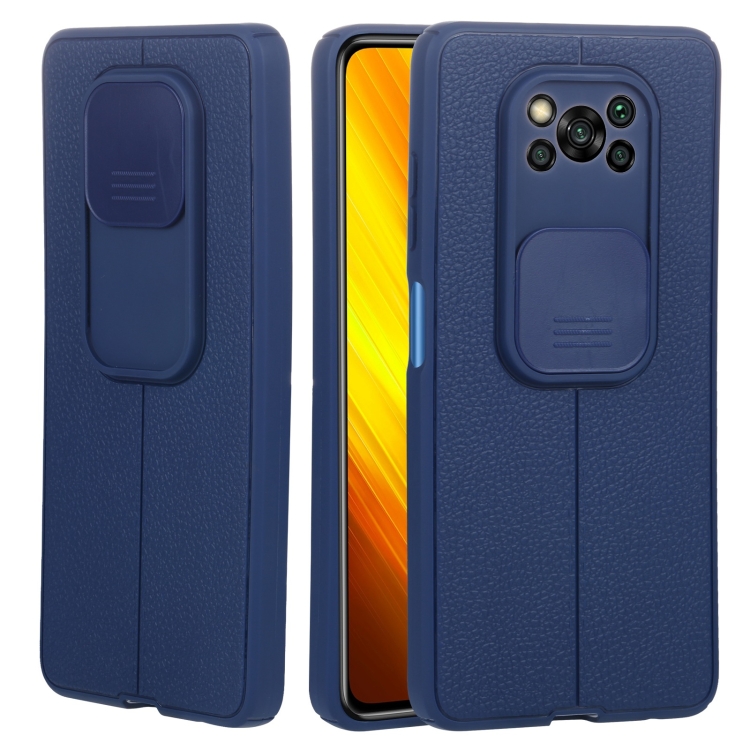 

For Xiaomi Poco X3 Litchi Texture Sliding Camshield TPU Protective Phone Case(Blue)
