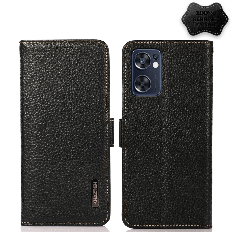 

For OPPO Reno7 SE 5G KHAZNEH Side-Magnetic Litchi Genuine Leather RFID Phone Case(Black)